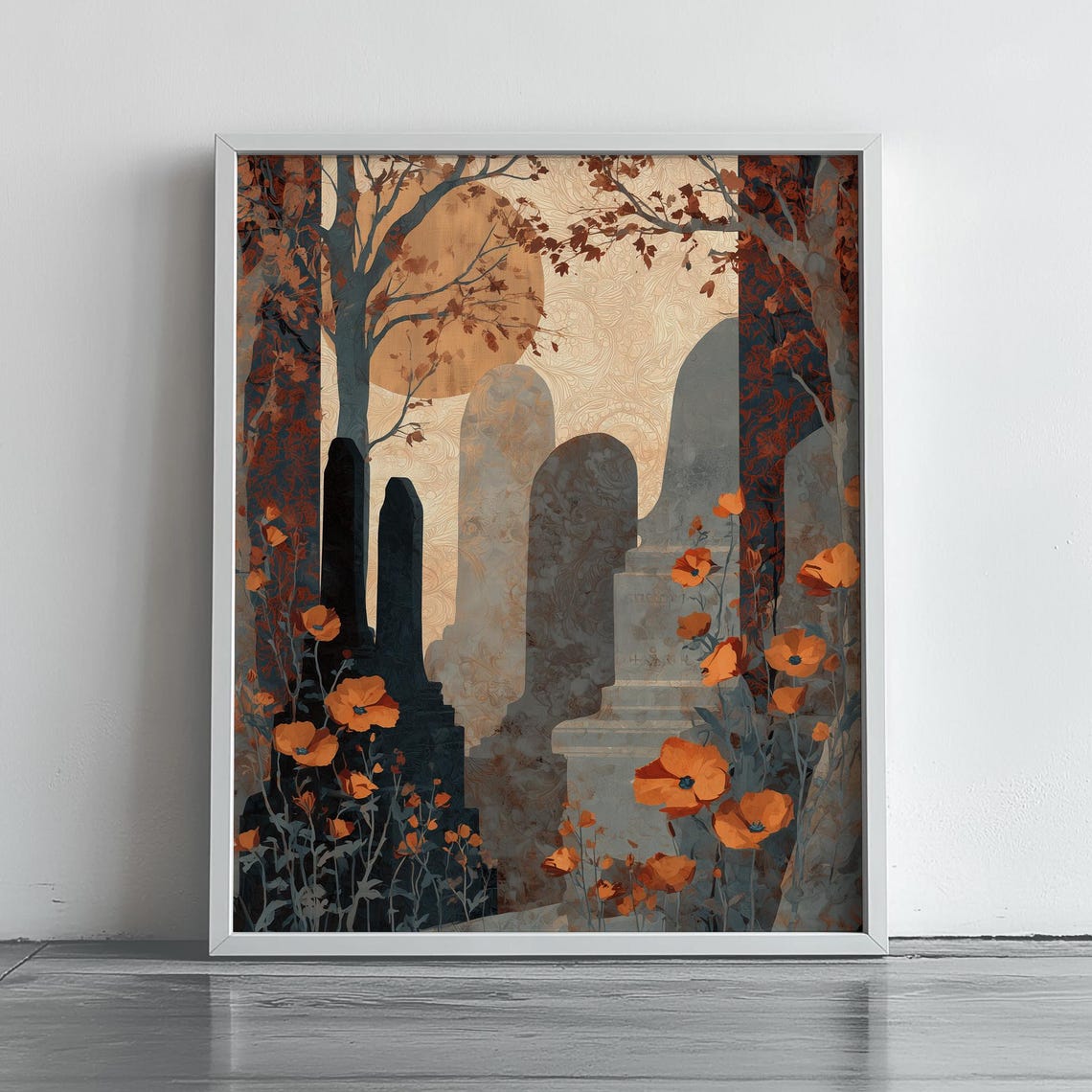 Autumn Graveyard With Orange Poppies Moody Tombstone Fall Scene Art Poster