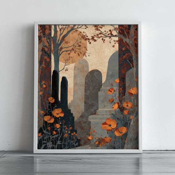 Vintage Halloween Wall Art Moody Autumn Forest Scene Rustic Landscape With Orange Flowers Fall Decor Salvador Style 103