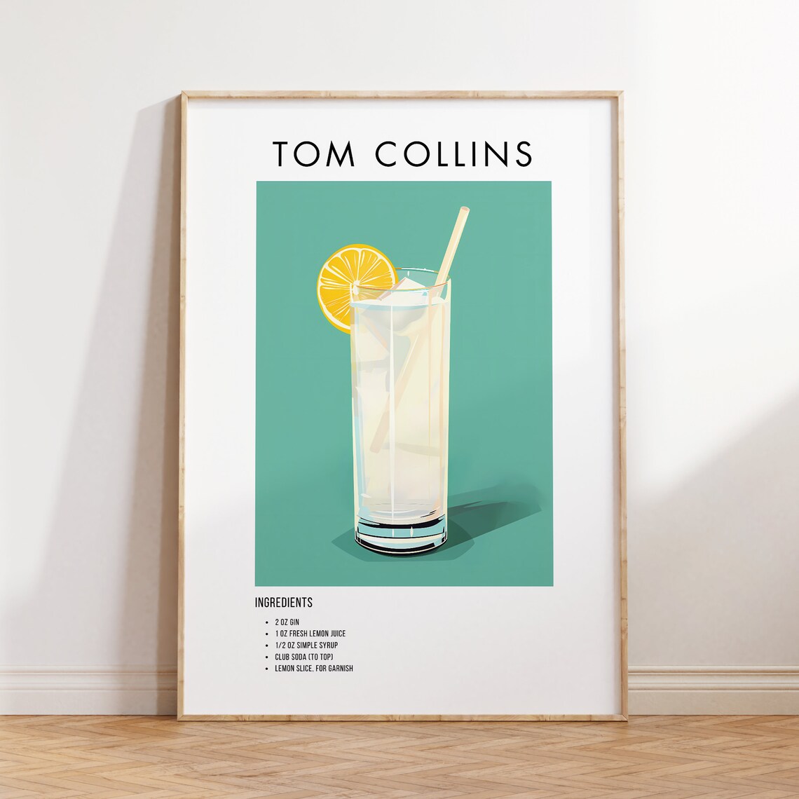 Tom Collins Classic Gin Cocktail Recipe Ingredient Art Poster