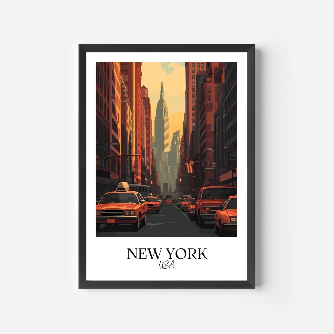 New York USA Yellow Taxi Street Chrysler Building Travel Poster - Image 2