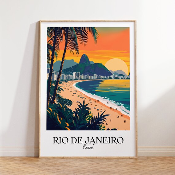 Rio De Janeiro Brazil Beach Sunset Vintage Style Travel Poster