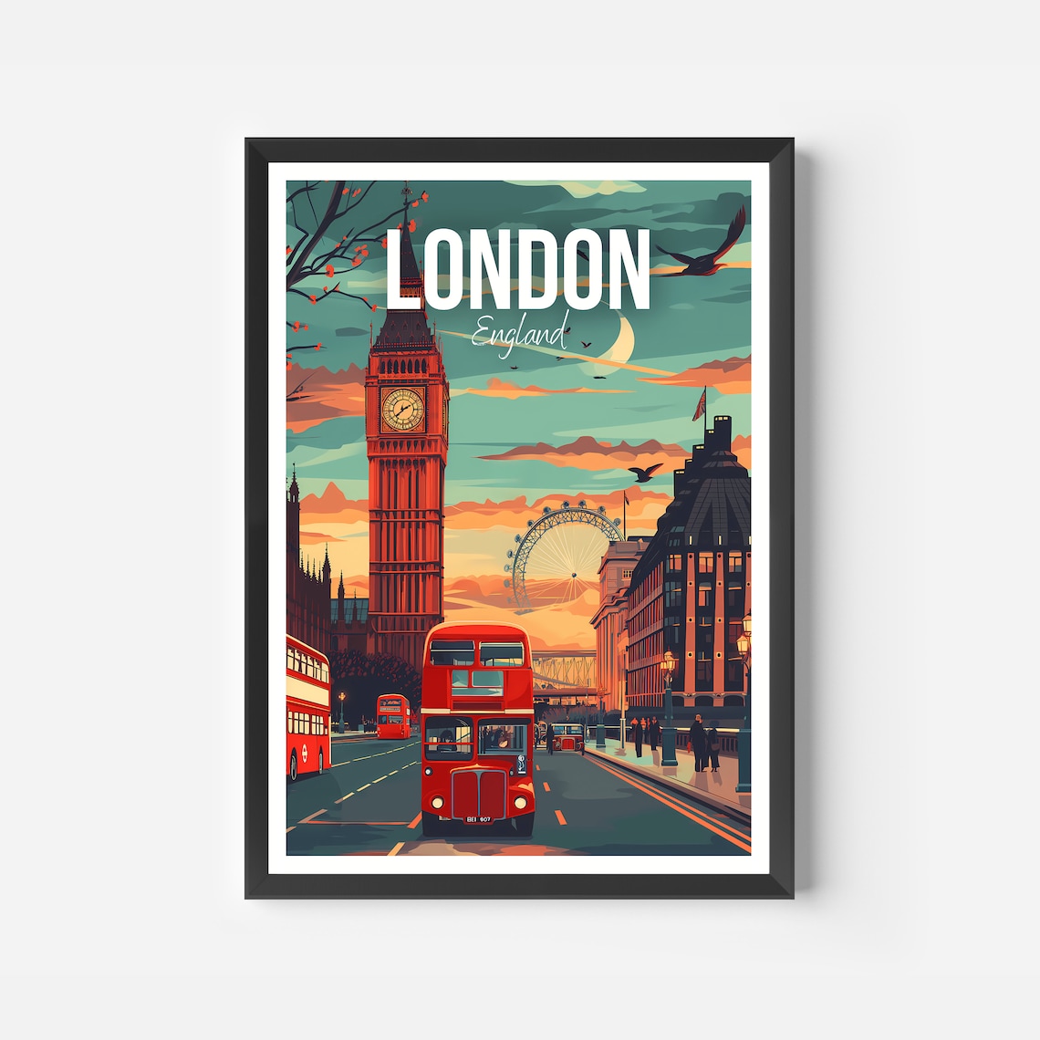 London England Big Ben Double Decker Bus Sunset Retro Travel Poster - Image 2