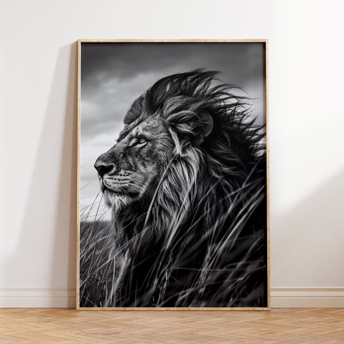 Majestic Black and White Lion Profile Dramatic Wildlife Poster