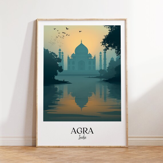 Agra India Taj Mahal Sunrise River Reflection Serene Mist Poster