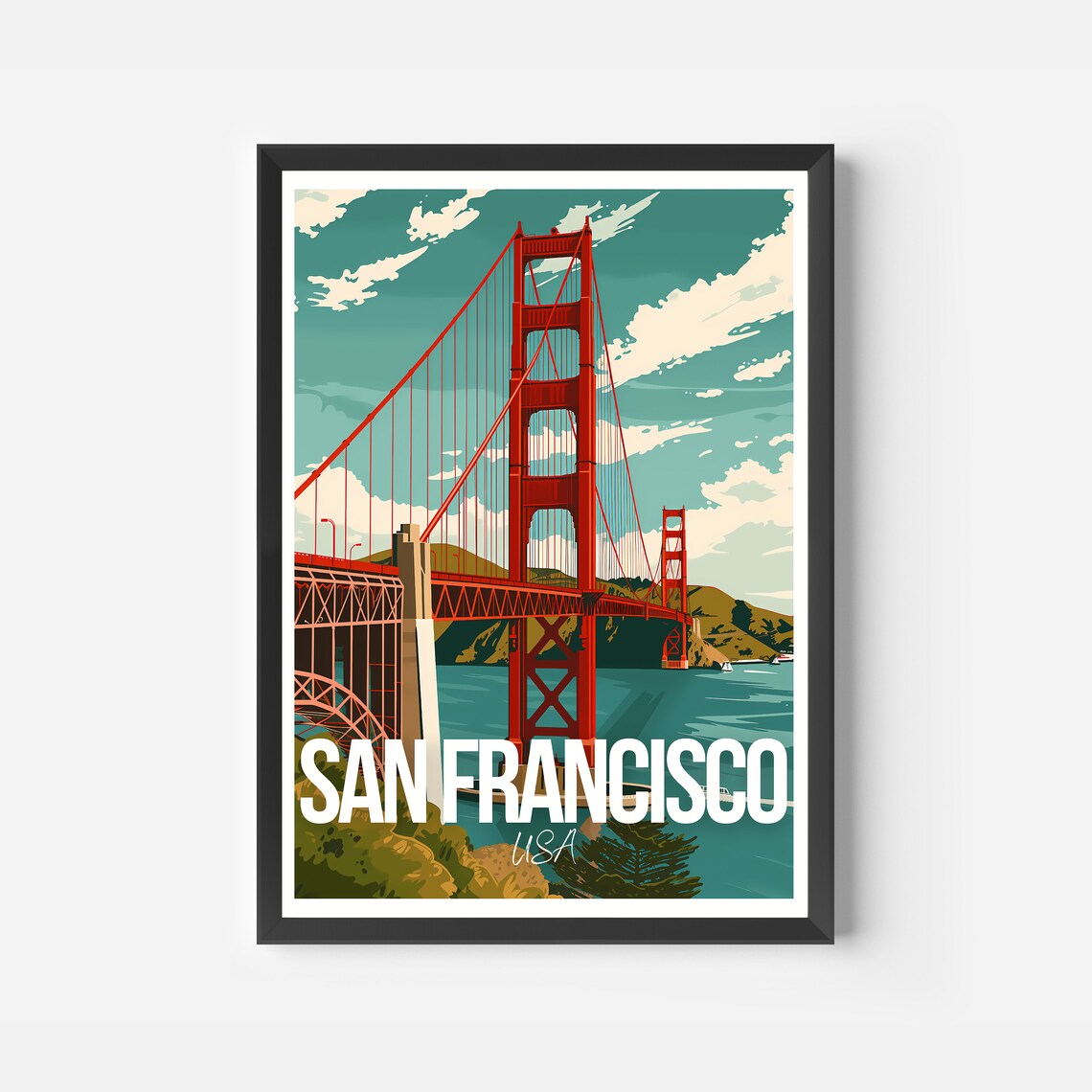 San Francisco Golden Gate Bridge Travel Poster Red Bridge USA View - Image 2