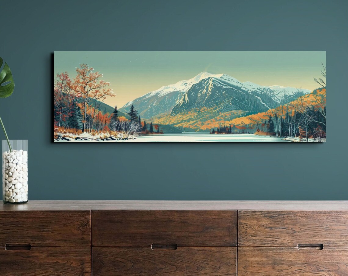 Snowy Mountain Peak Over Calm Lake Autumn Forest Panorama Wall Art