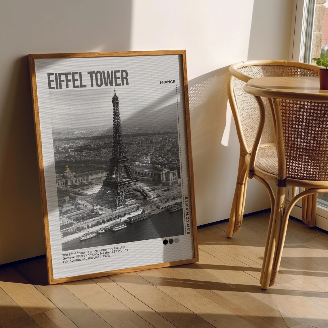 Eiffel Tower Paris France Aerial Black White Photography Poster - Image 6