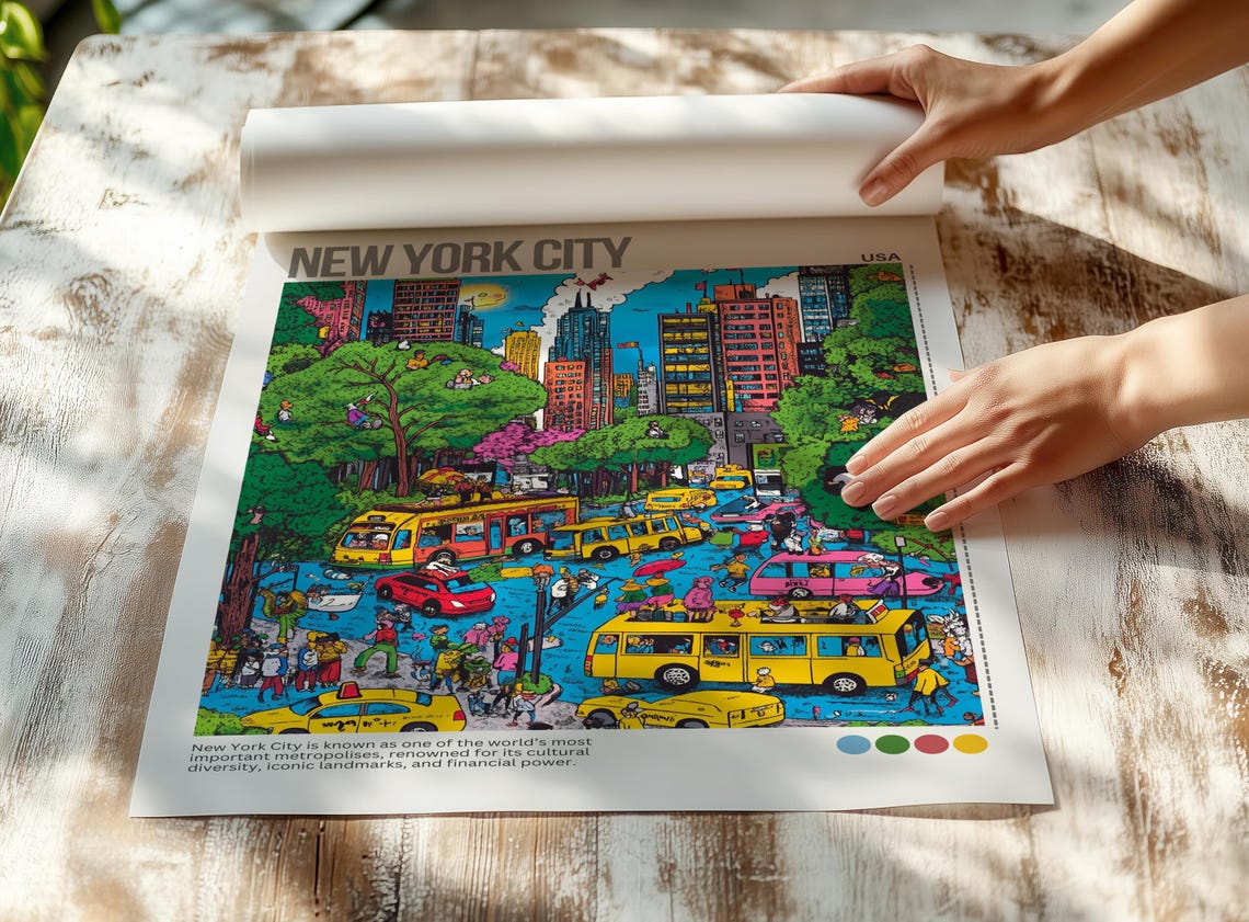 New York City Cartoon Central Park Cabs Buses Whimsical Poster - Image 5
