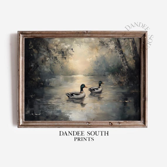 Vintage Ducks Wall Art Mallard Oil Painting Lake Landscape Nature And Wildlife Print 282