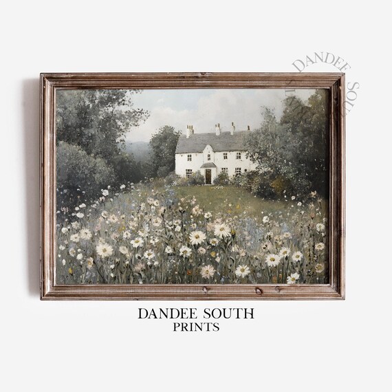 White Cottage in a Meadow of Wildflowers Vintage Landscape Poster