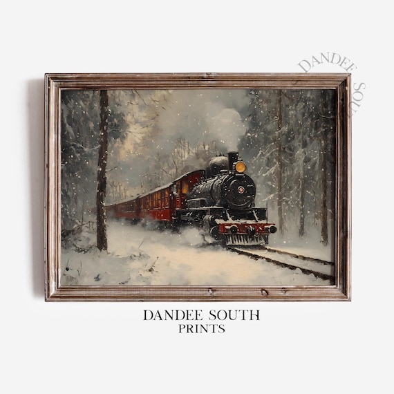Vintage Christmas Train Winter Forest Snowy Steam Locomotive Poster Art