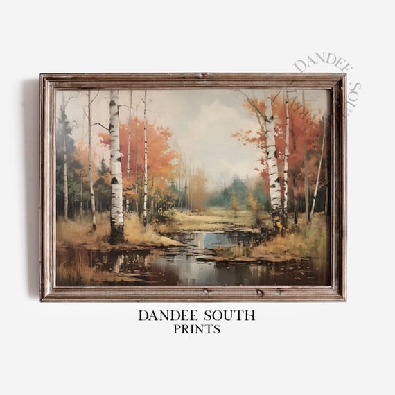 Vintage Fall Landscape Oil Painting Autumn Wall Art Forest Farmhouse Decor 532