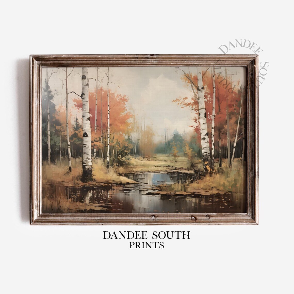 Vintage Autumn Birch Trees Reflecting Pond Oil Painting Poster