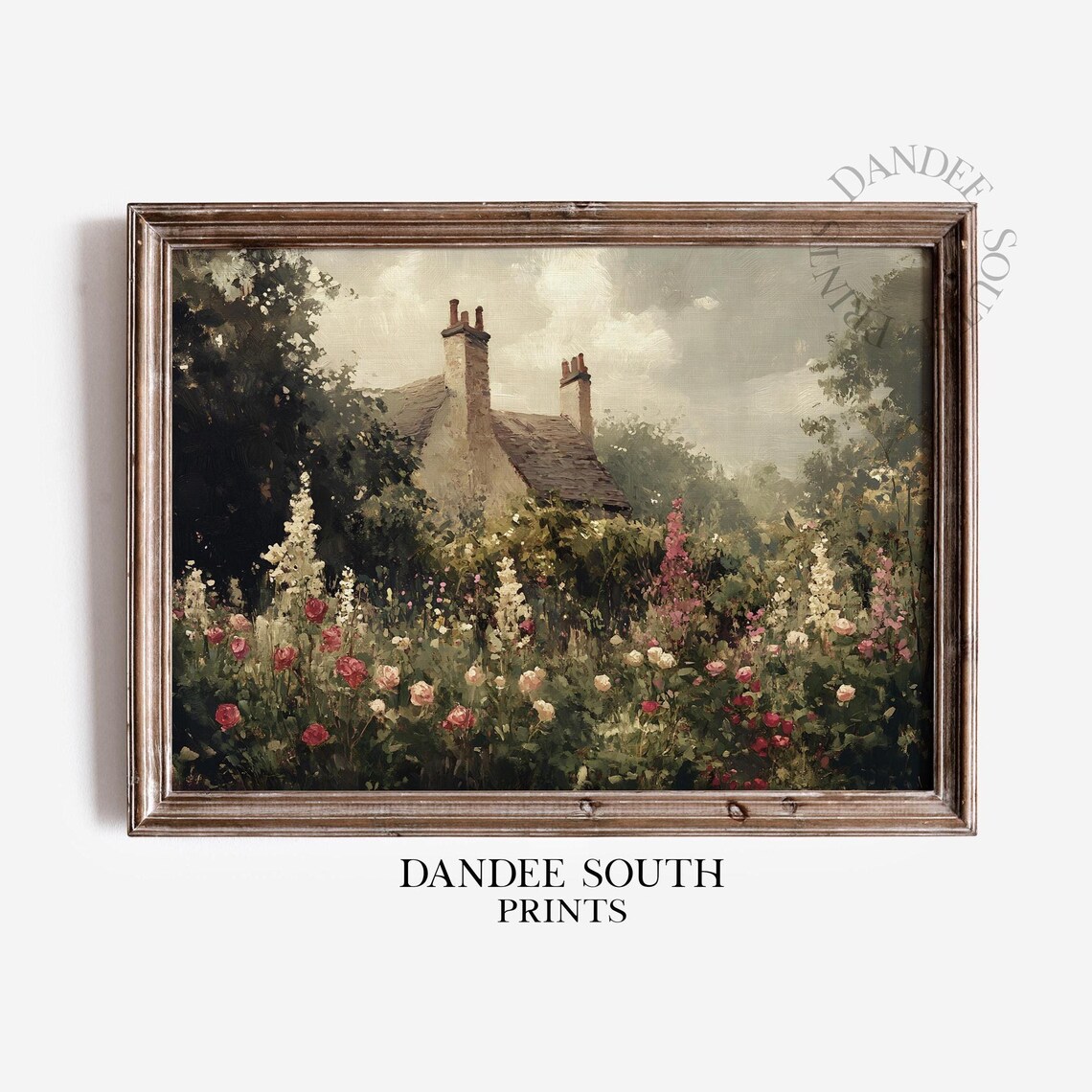 Cottage Garden Landscape Art Print, Farmhouse Floral