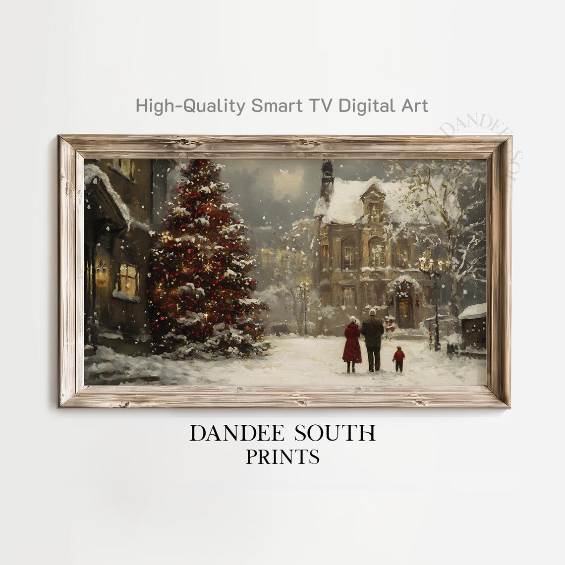 Snowy Christmas Village Family Tree Evening Digital Art Poster