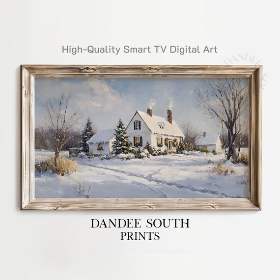 White Farmhouse Christmas Snow Winter Landscape Holiday Wall Art