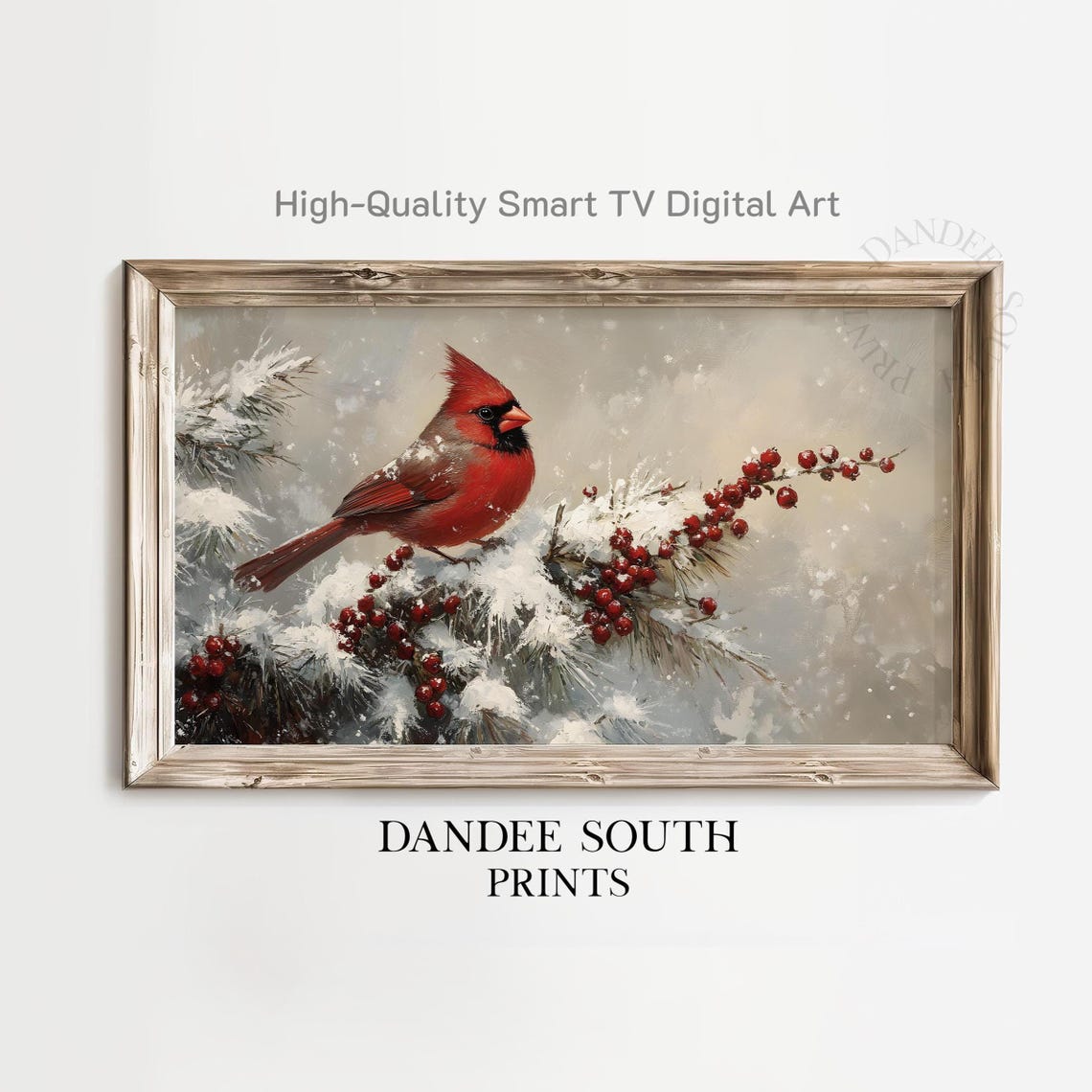Red Cardinal in Snow With Berries Winter Bird Painting Wall Art