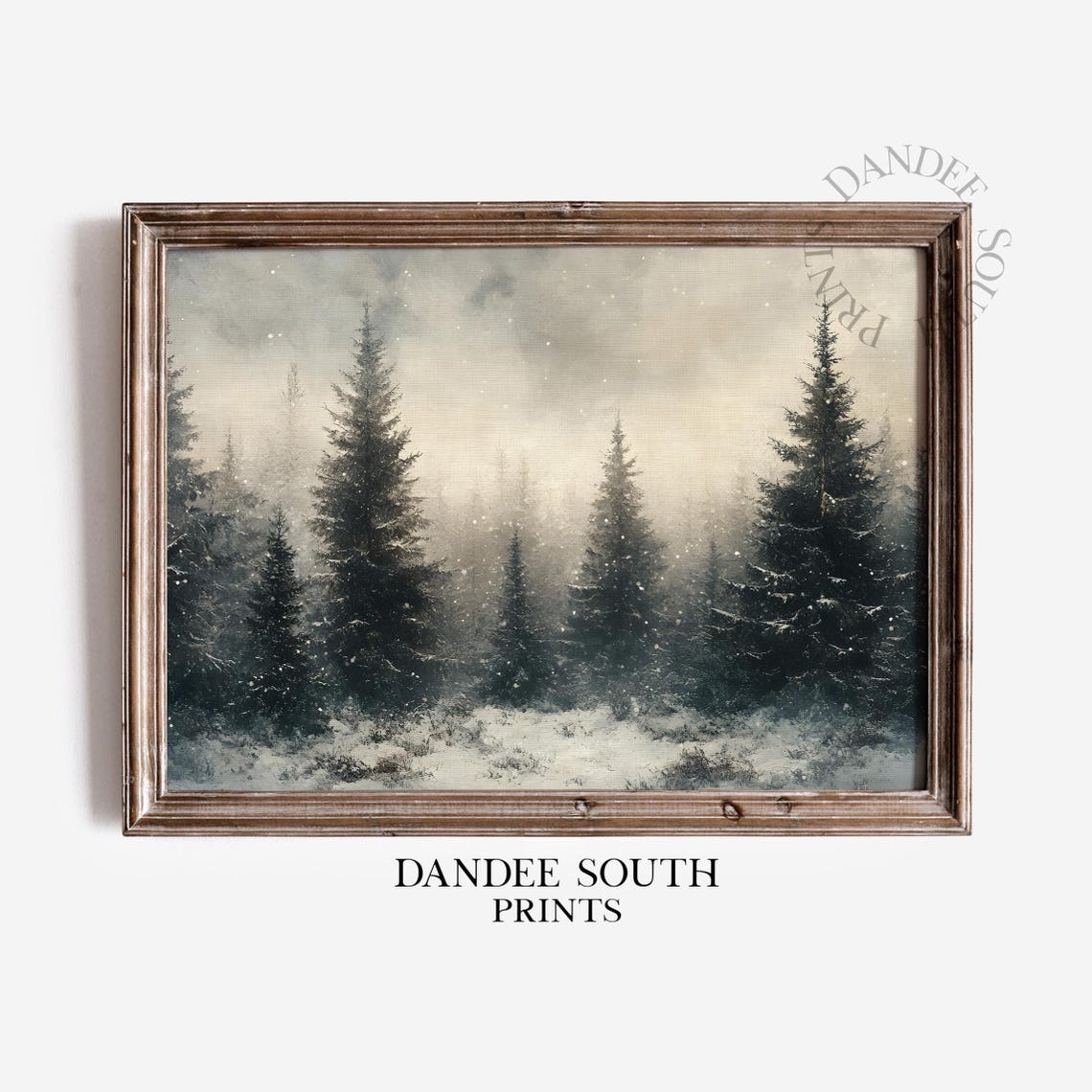 Misty Snowy Serene Pine Forest Winter Landscape Painting Wall Art