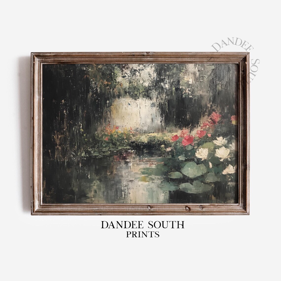 Dark Moody Pond with Lilies and Roses Vintage Oil Painting Poster