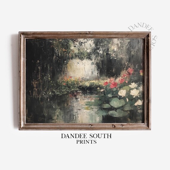 Dark Moody Pond with Lilies and Roses Vintage Oil Painting Poster