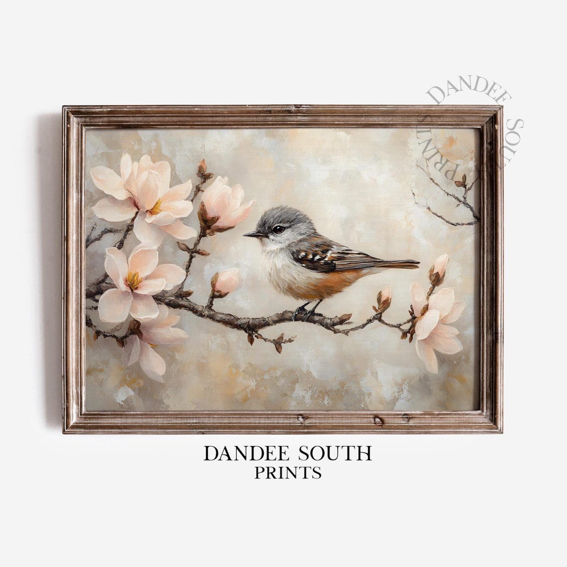 Small Bird on Blush Magnolia Branch Vintage Spring Floral Wall Art