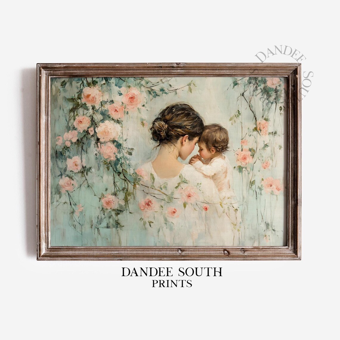 Mother and Child with Roses Tender Nursery Painting Floral Wall Art