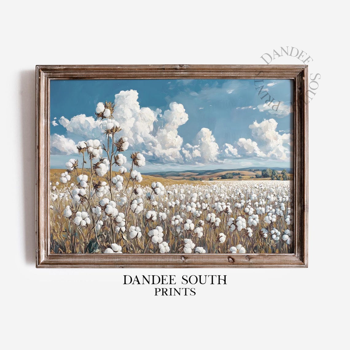 Cotton Field White Blooms Blue Sky Farmhouse Painting Poster