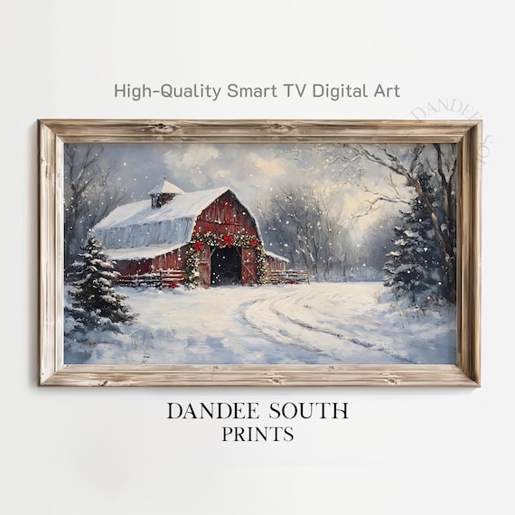 Red Barn Winter Snow Garland Farmhouse Christmas Holiday Scene Poster