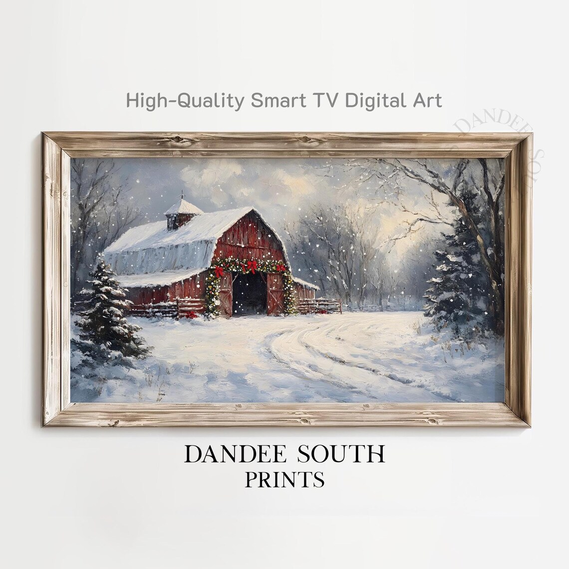 Red Barn Winter Snow Garland Farmhouse Christmas Holiday Scene Poster