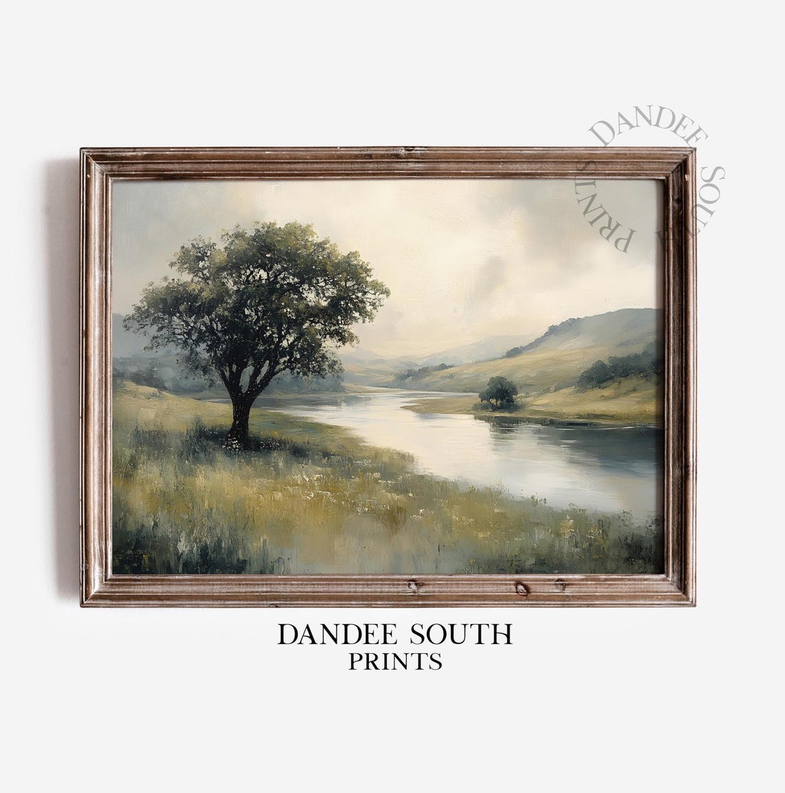 Serene River Valley Lone Tree Misty Hills Vintage Painting Print