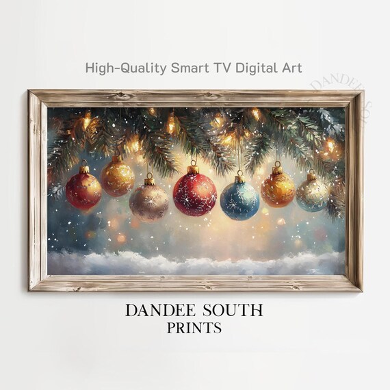 Seven Colorful Christmas Ornaments on Snowy Pine Festive Holiday Art Print