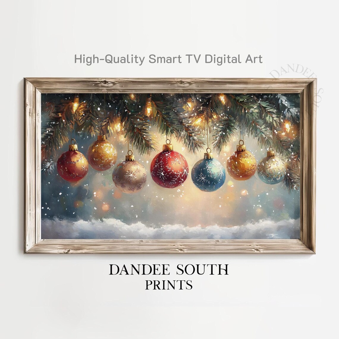 Seven Colorful Christmas Ornaments on Snowy Pine Festive Holiday Art Print