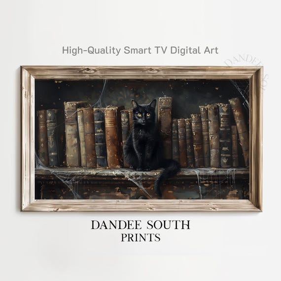 Halloween Tv Art For Framestyle Tvs Smart Black Cat On Bookshelf Painting Spooky Fall Home Decor Tv111