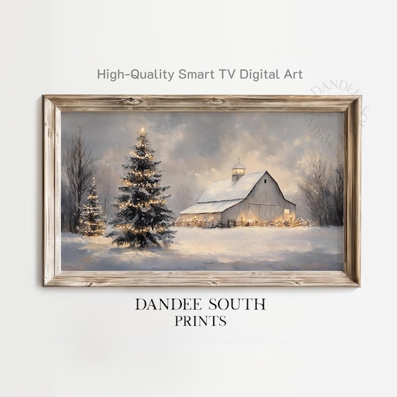 Winter Barn Christmas Tree Lights Snowy Evening Farm Painting Poster