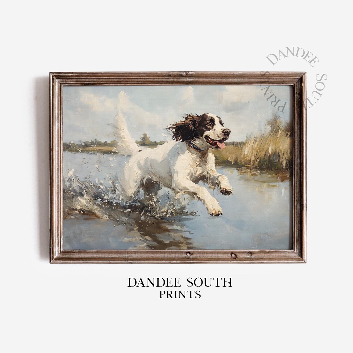 English Springer Spaniel Running in Water Hunting Dog Art Print