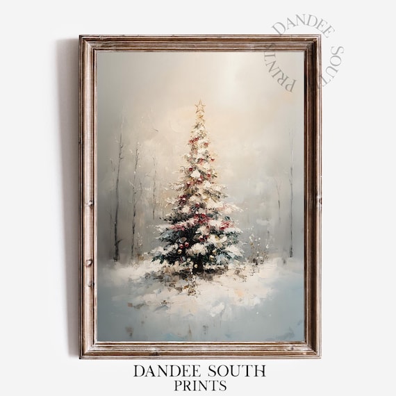 Snowy Christmas Tree Winter Forest Vintage Holiday Oil Painting Poster