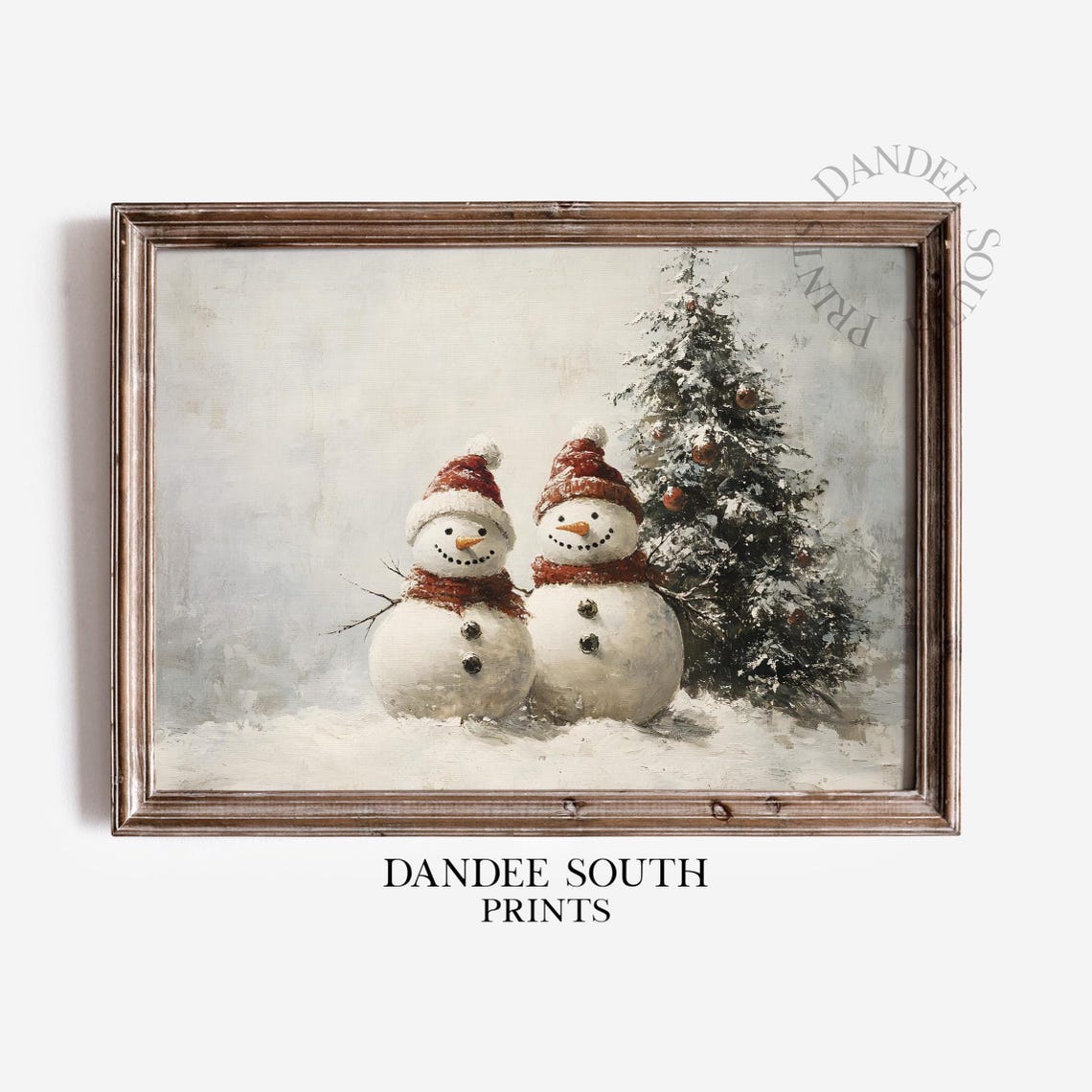 Two Vintage Snowmen by a Snowy Christmas Tree Holiday Art Poster