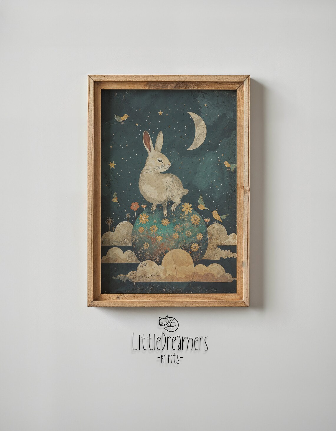 Moonlit Bunny Birds Nursery Art Print, Celestial Rabbit