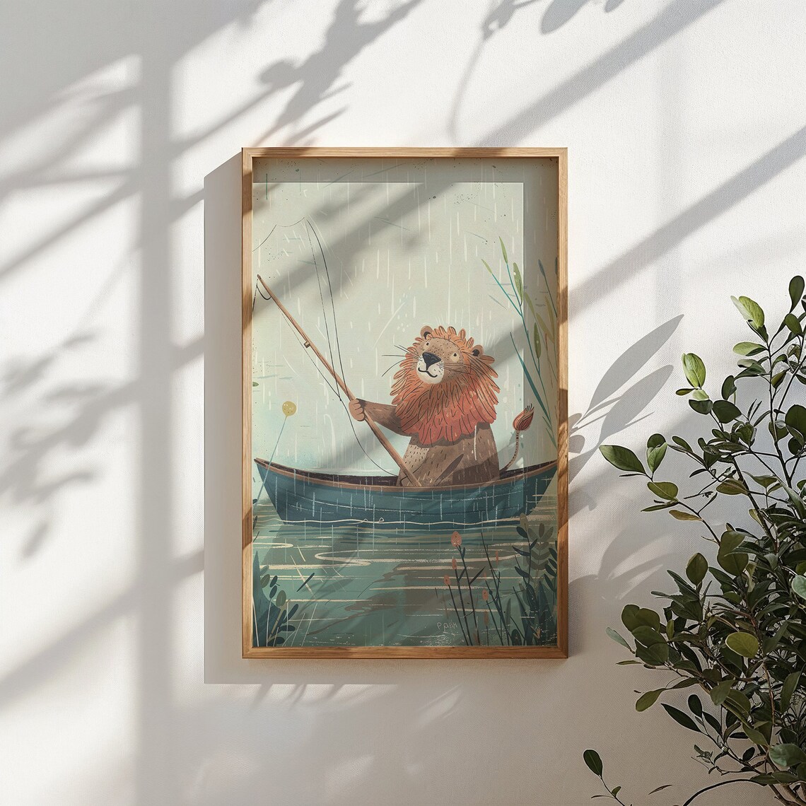 Lion Fishing From Boat Whimsical Lake Illustration Kids Wall Art Poster - Image 5