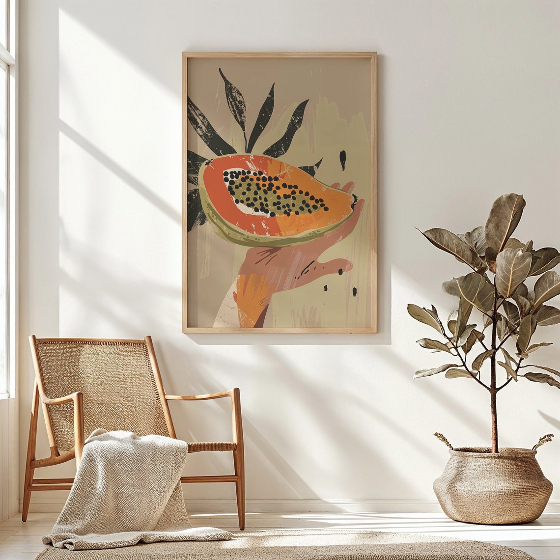 Hand Holding Papaya Half Tropical Leaves Retro Boho Kitchen Poster