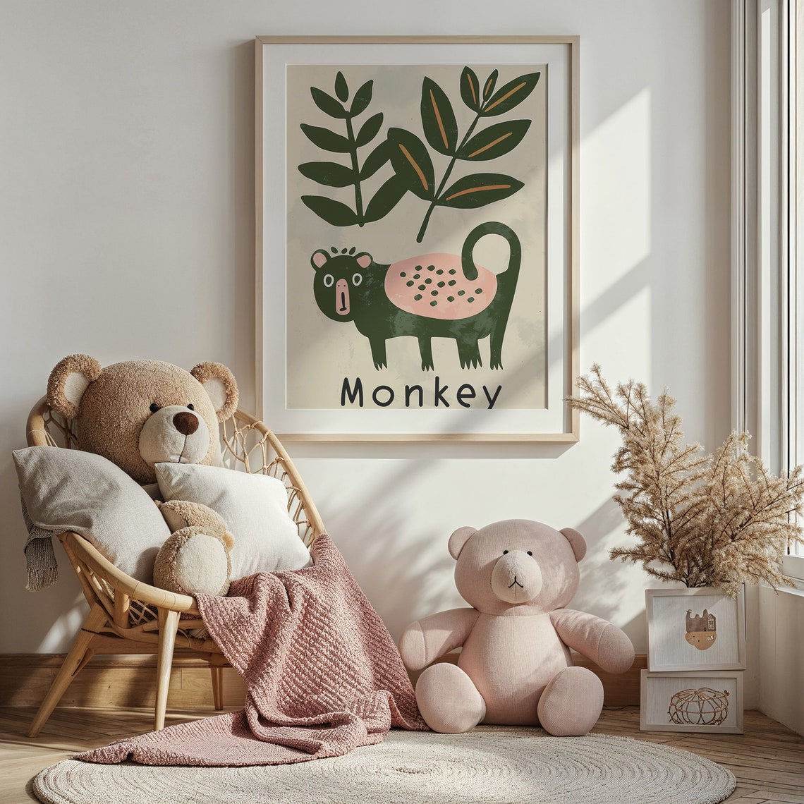 Green Monkey Pink Spotted Belly Tropical Leaves Kids Jungle Poster - Image 4