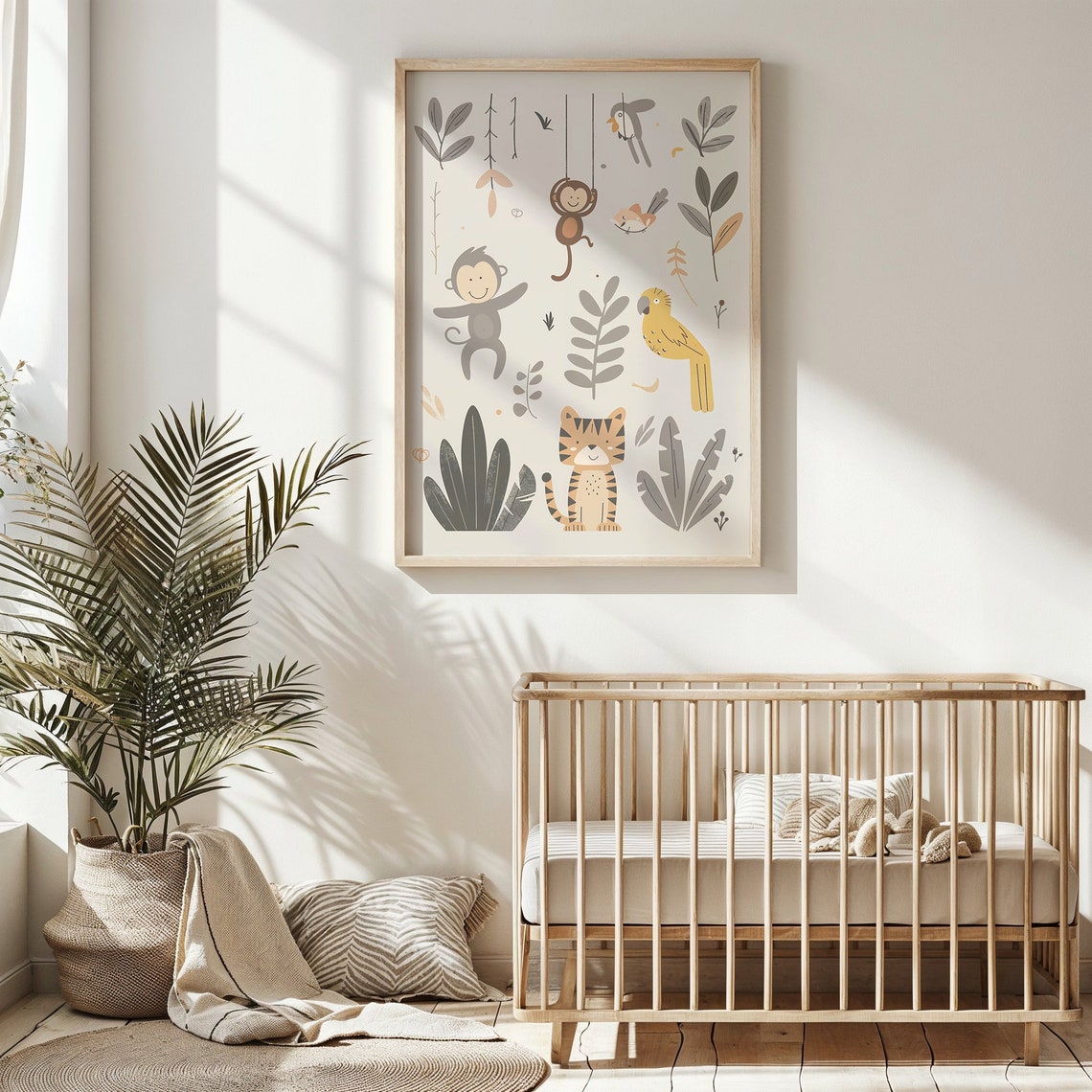 Jungle Animals Nursery Poster Monkeys Parrot Tiger Botanical Kids Art
