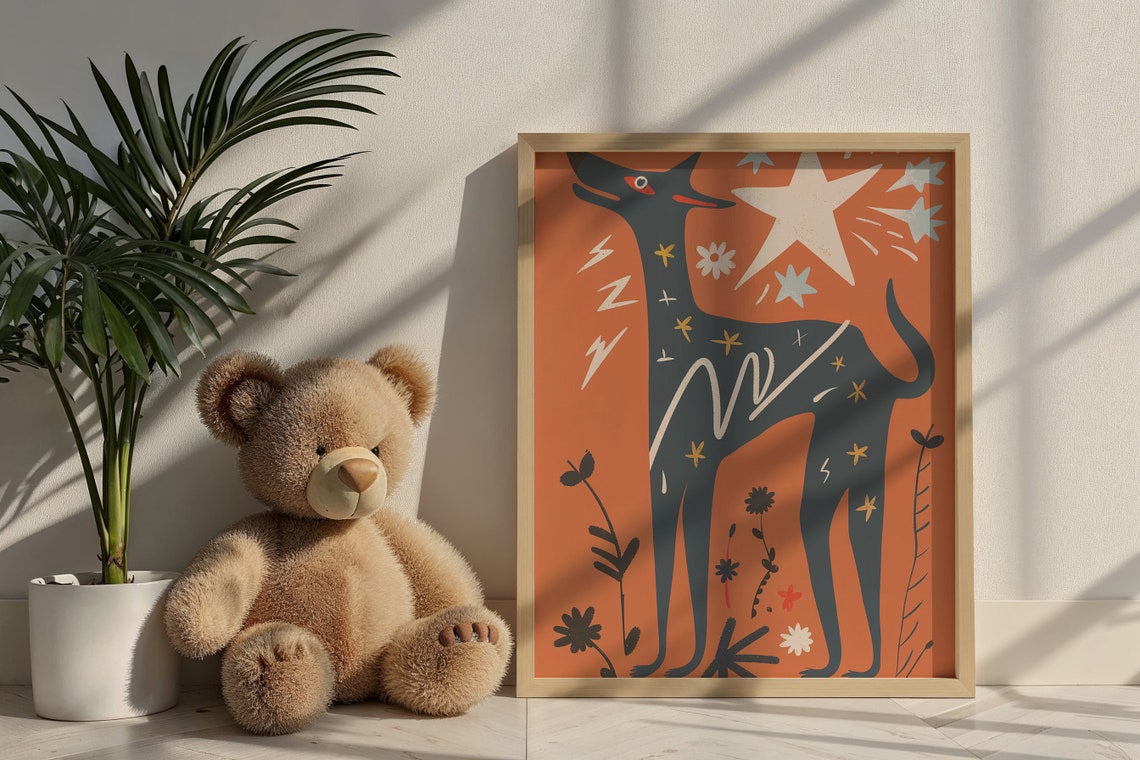 Bold Black Dog Orange Starry Sky Folk Art Animal Wall Poster - Image 6