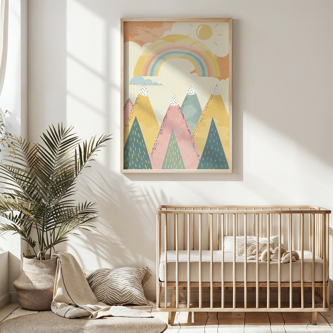 Rainbow Over Pastel Mountain Peaks Cheerful Playful Nursery Art Poster