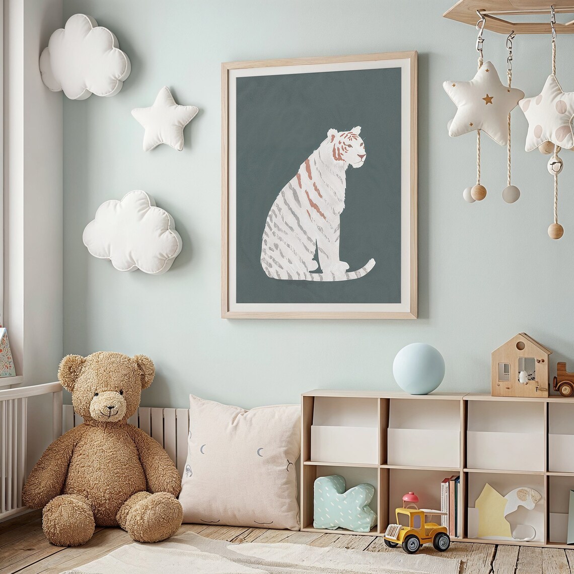 White Tiger With Grey Stripes On Forest Green Nursery Jungle Art Poster - Image 2