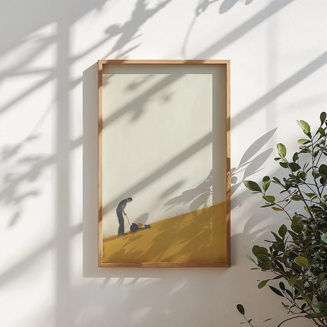 Man Mowing Steep Golden Hill Minimalist Cream Tone Illustration Poster - Image 4