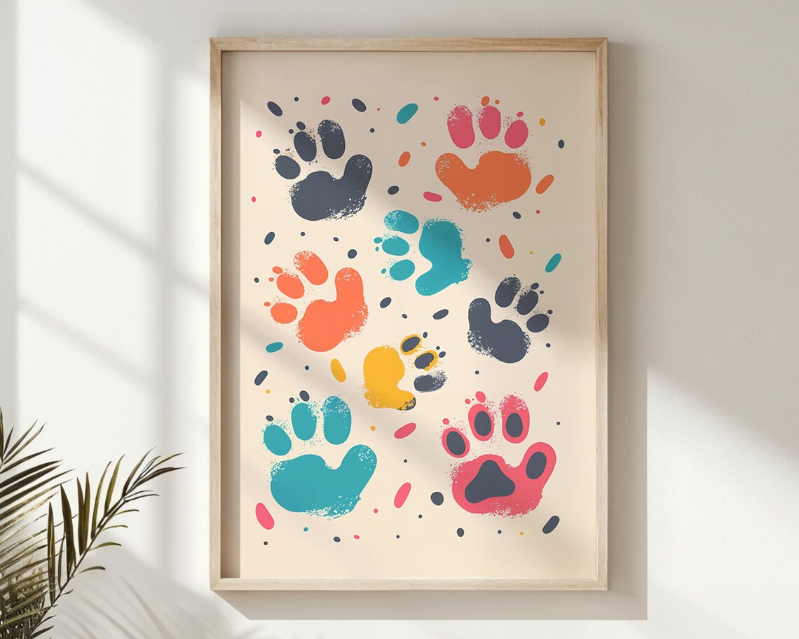 Watercolor Paw Prints Splash Cream Background Kids Nursery Art Poster