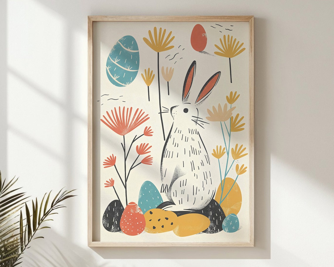 Tall Bunny Silhouette Wildflowers Colorful Eggs Scandinavian Poster