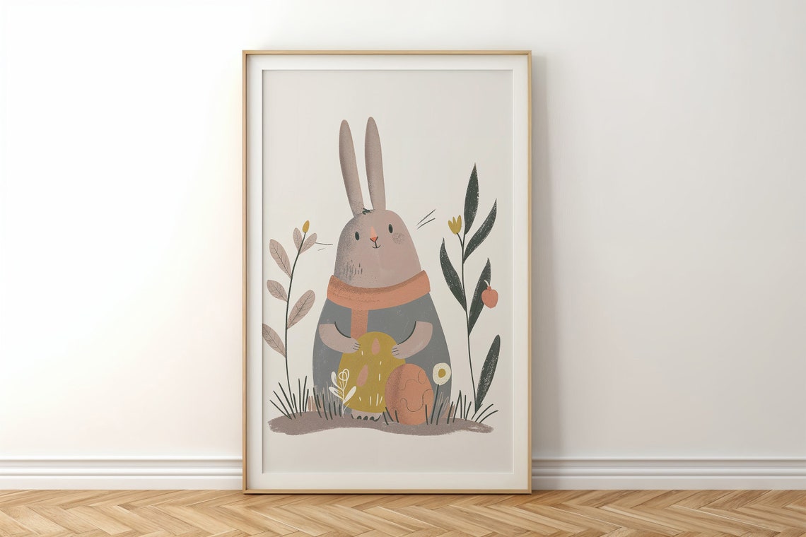 Gray Bunny in Orange Scarf Holding Easter Egg Minimal Kids Poster