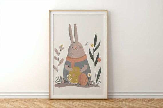 Gray Bunny in Orange Scarf Holding Easter Egg Minimal Kids Poster